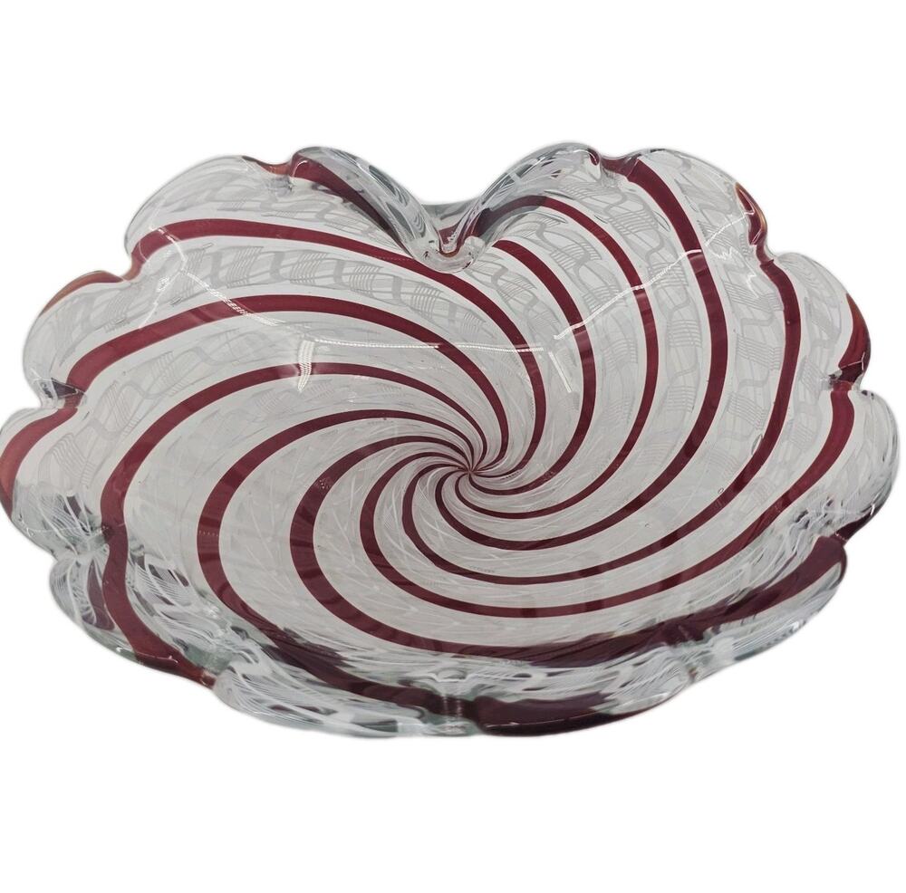 MCM Murano art glass bowl HEAVY Latticino Zanfirico Swirl centerpiece Pink White
